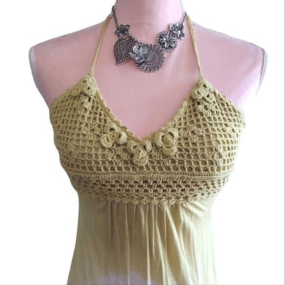 Y2K Yellow Green Tie Dye Viscose Embroidered Halter Maxi Dress Medium - Picture 5 of 16